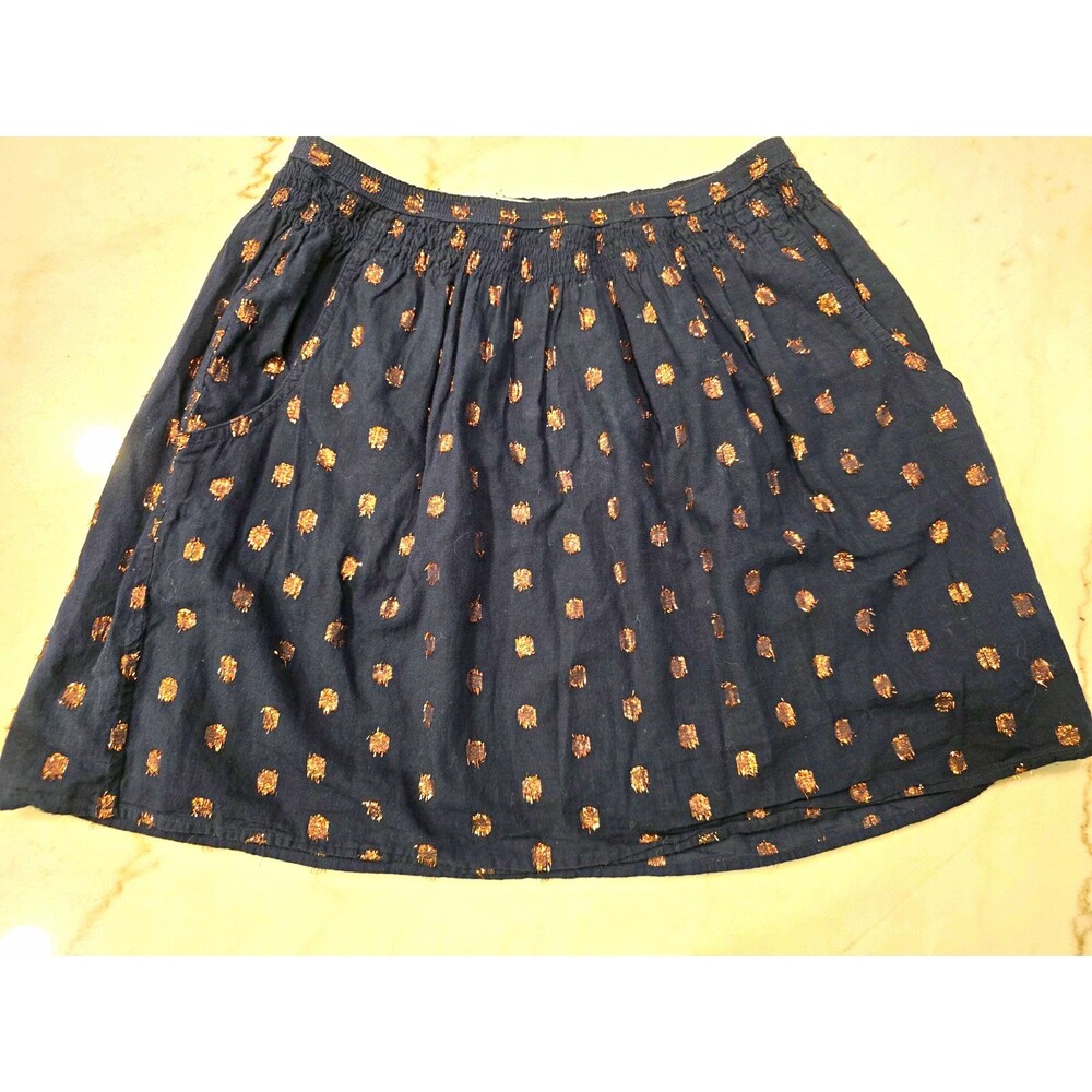 J Crew Xs Cotton Navy Polka Dot Skirt Rose Gold Shimmer Dots Lined Pockets